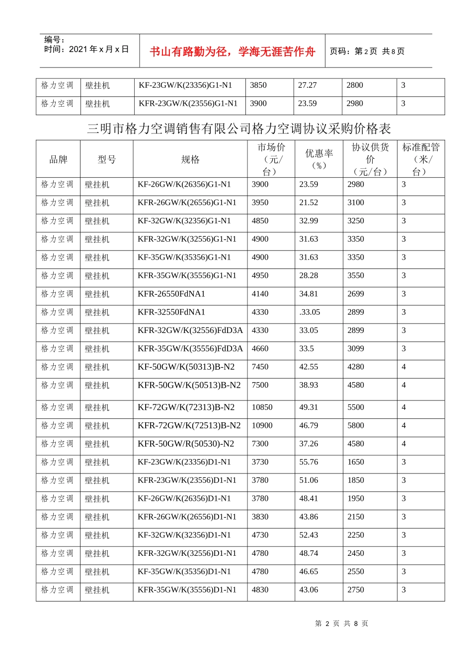 三明市格力空调销售有限公司格力空调协议采购价格表_第2页