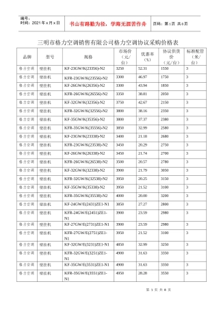 三明市格力空调销售有限公司格力空调协议采购价格表