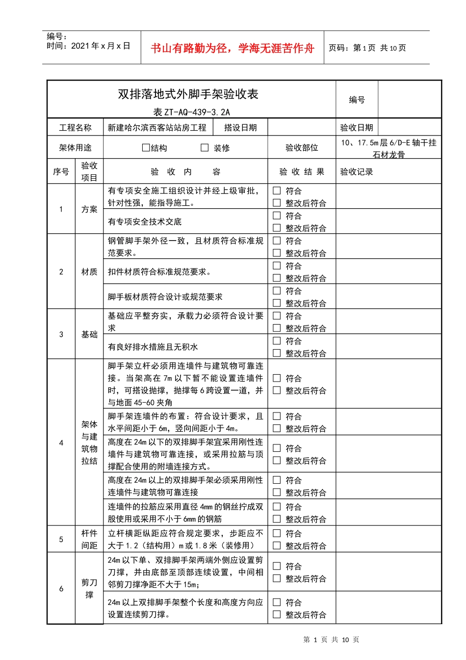 售票厅落地式外脚手架验收表(表ZT-AQ-439-32A) - 副本 - 副本 - 副本_第1页