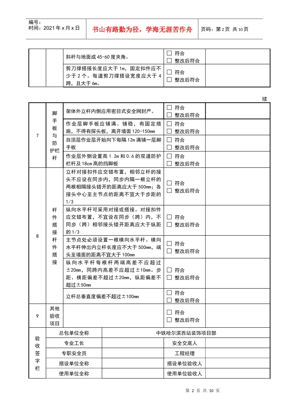 售票厅落地式外脚手架验收表(表ZT-AQ-439-32A) - 副本 - 副本 - 副本_第2页