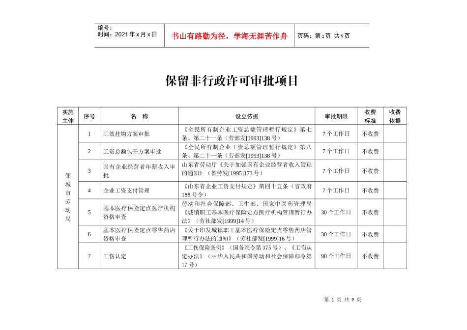 邹城市拟保留非行政许可审批项目申请表_第1页