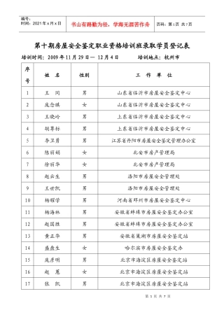 第十期房屋安全鉴定职业资格培训班学员注册登记表