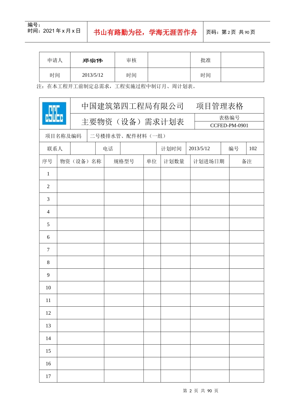 中国建筑第四工程局有限公司项目管理表(三)格_第2页