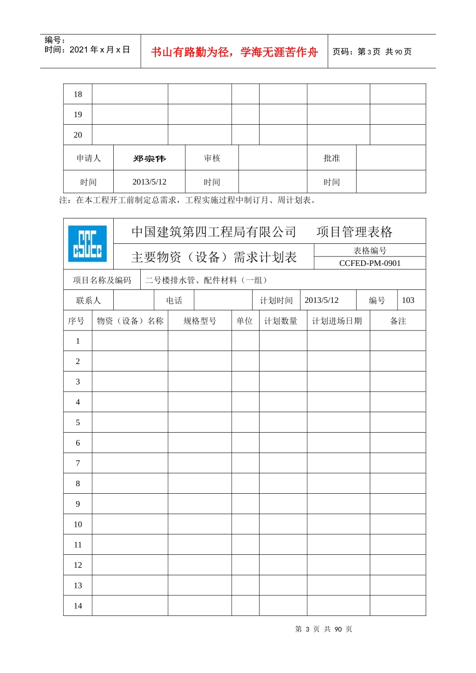 中国建筑第四工程局有限公司项目管理表(三)格_第3页