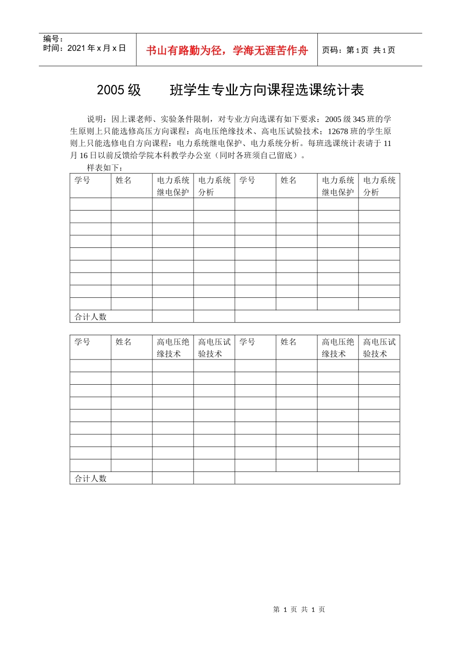 班学生专业方向课程选课统计表_第1页
