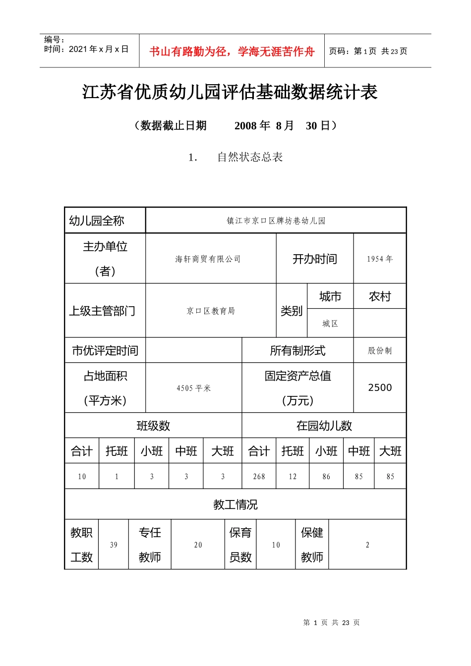 江苏省优质幼儿园评估基础数据统计表_第1页