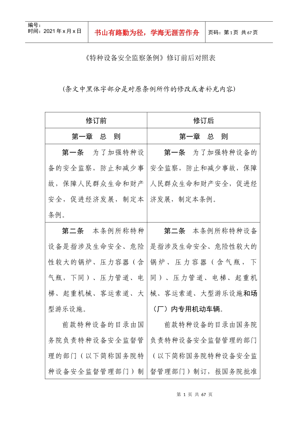 特种设备安全监察条例修订前后对照表_第1页