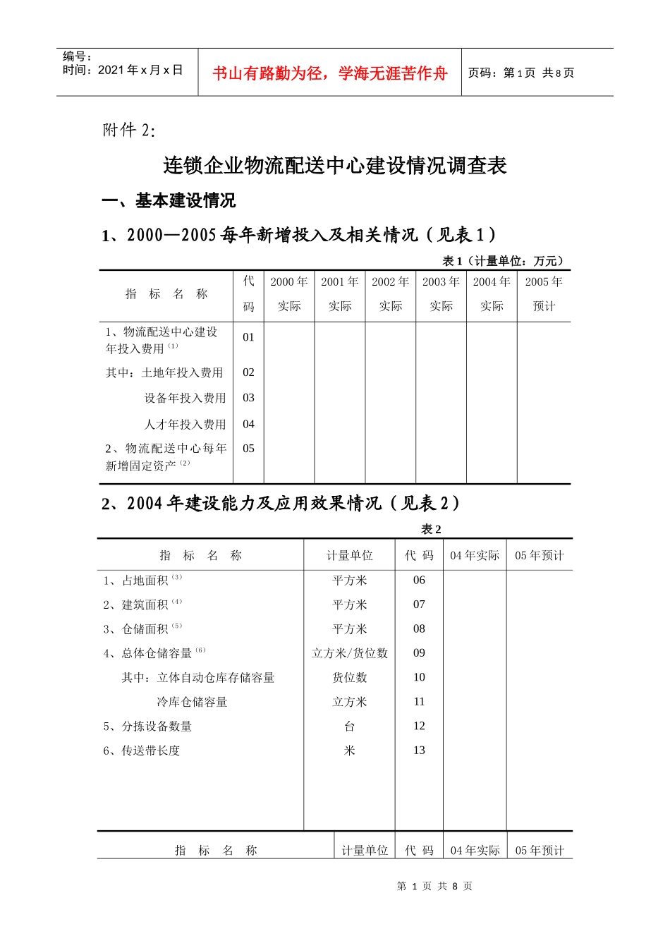 连锁企业物流配送中心建设情况调查表_第1页
