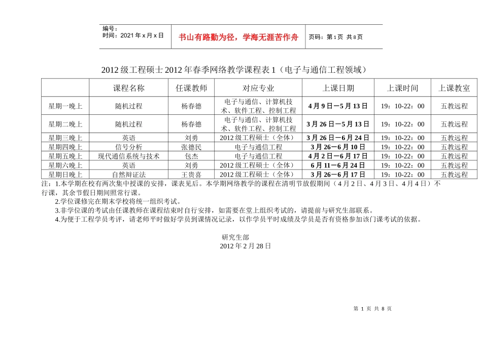 重庆邮电大学XXXX级工程硕士XXXX年春季课表_第1页