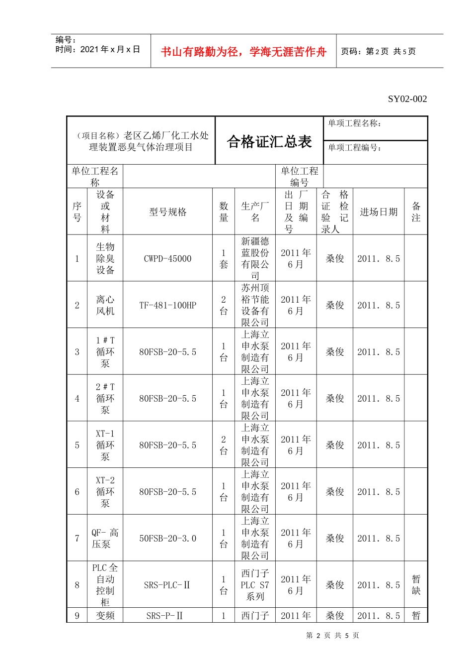 A9工程材料构配件设备报审表(乙烯)_第2页