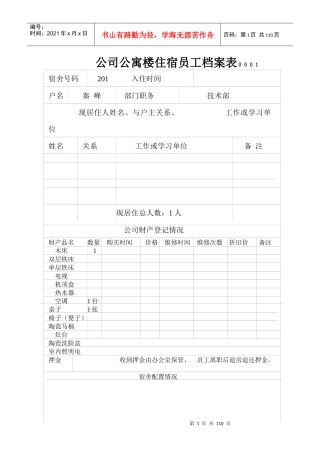 公司公寓楼住宿员工档案表