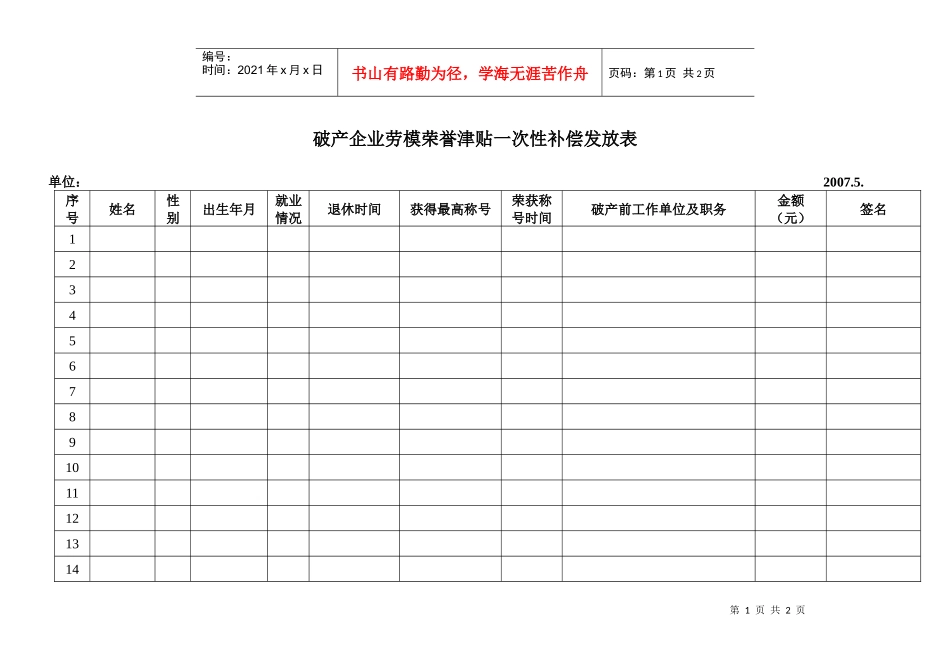 破产企业劳模荣誉津贴一次性补偿发放表_第1页
