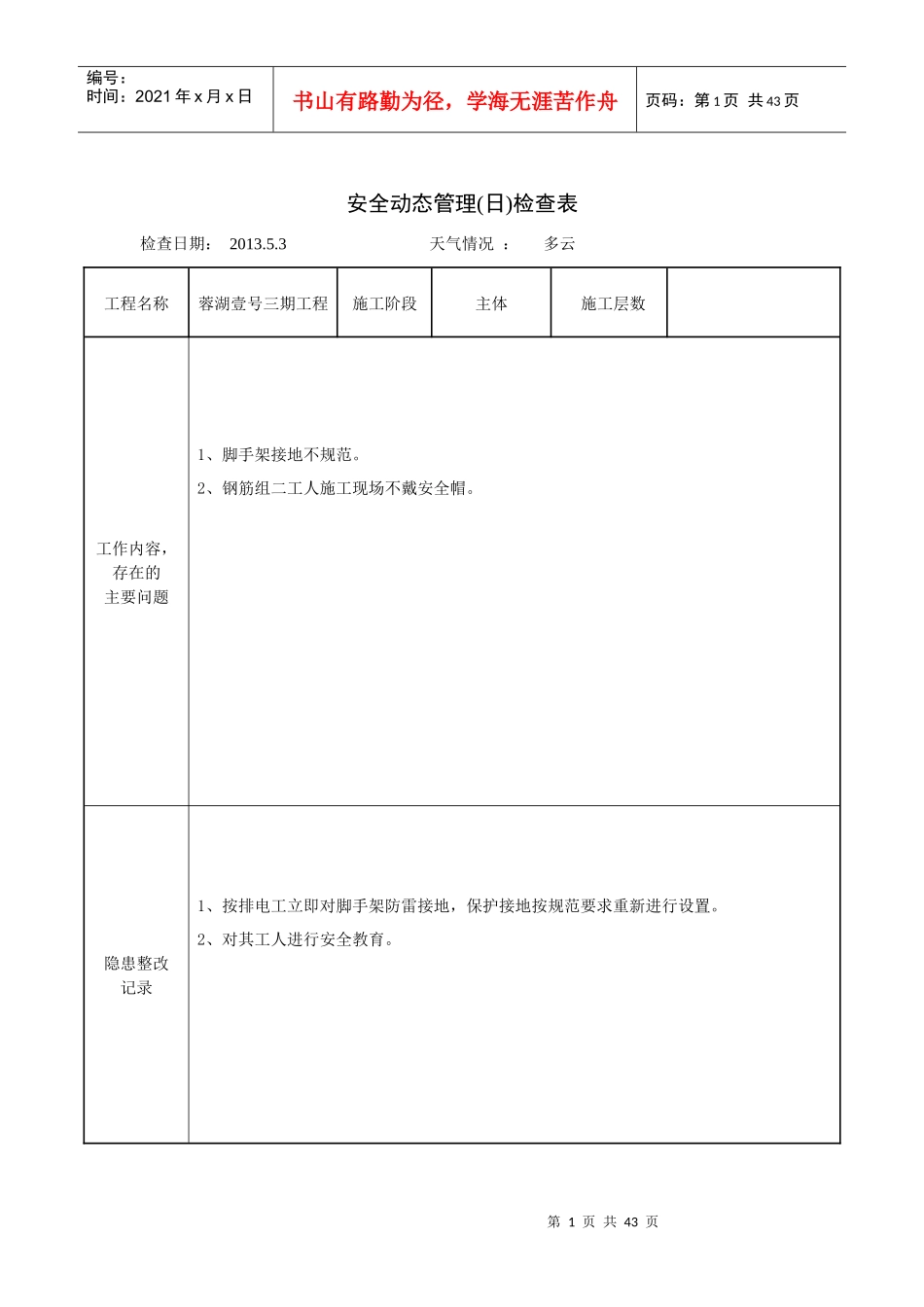 安全动态管理(日)检查表_第1页