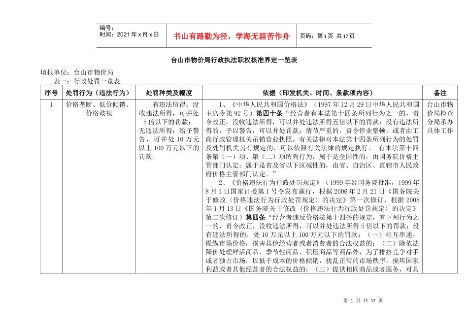 台山市物价局行政执法职权核准界定一览表_第1页