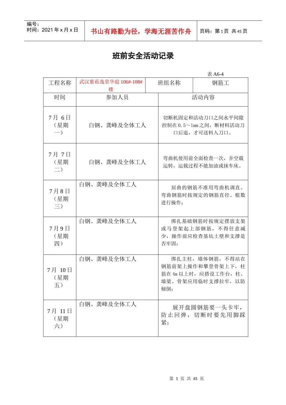 班前安全活动记录表A6-4_第1页