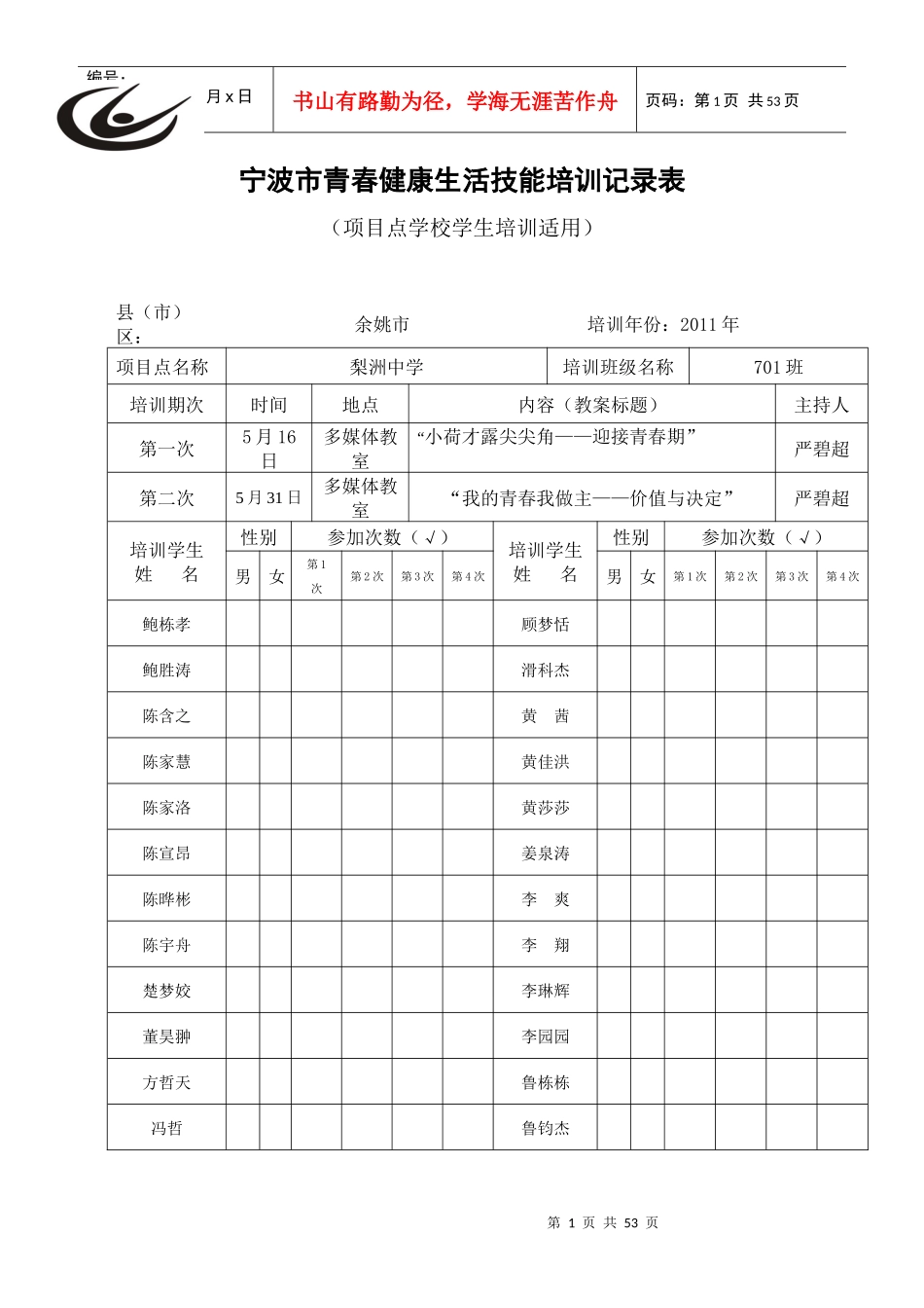 宁波市青春健康生活技能培训记录表_第1页