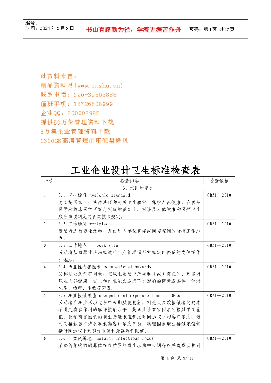 工业企业设计卫生标准检查表汇编_第1页