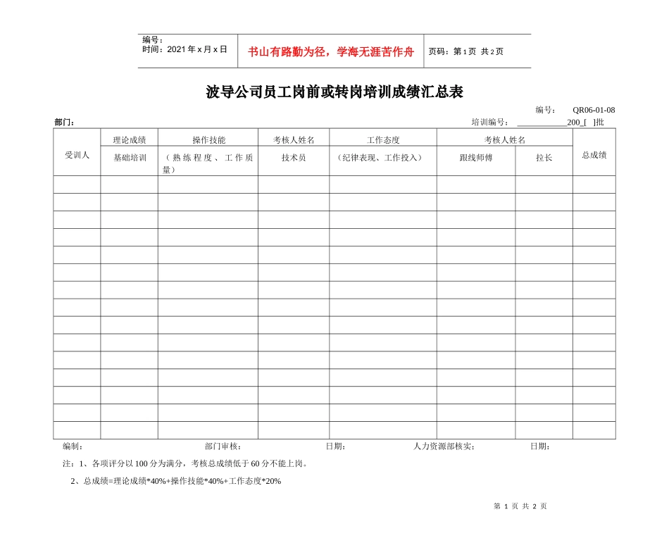 员工岗前或转岗培训成绩汇总表--8_第1页