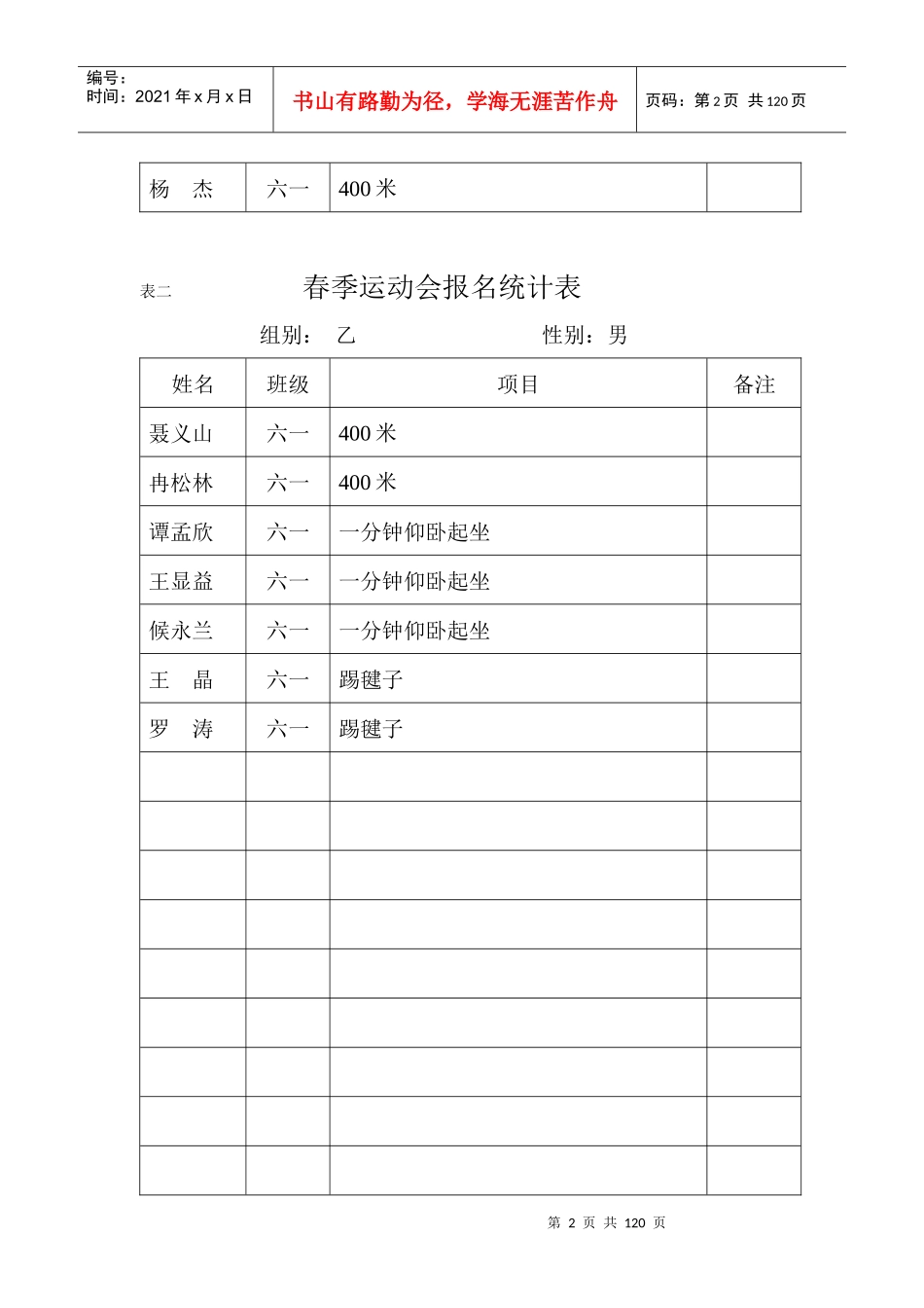 春季运动会报名统计表_第2页