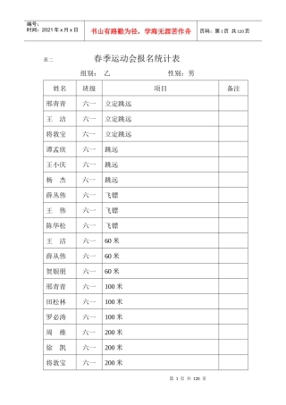 春季运动会报名统计表