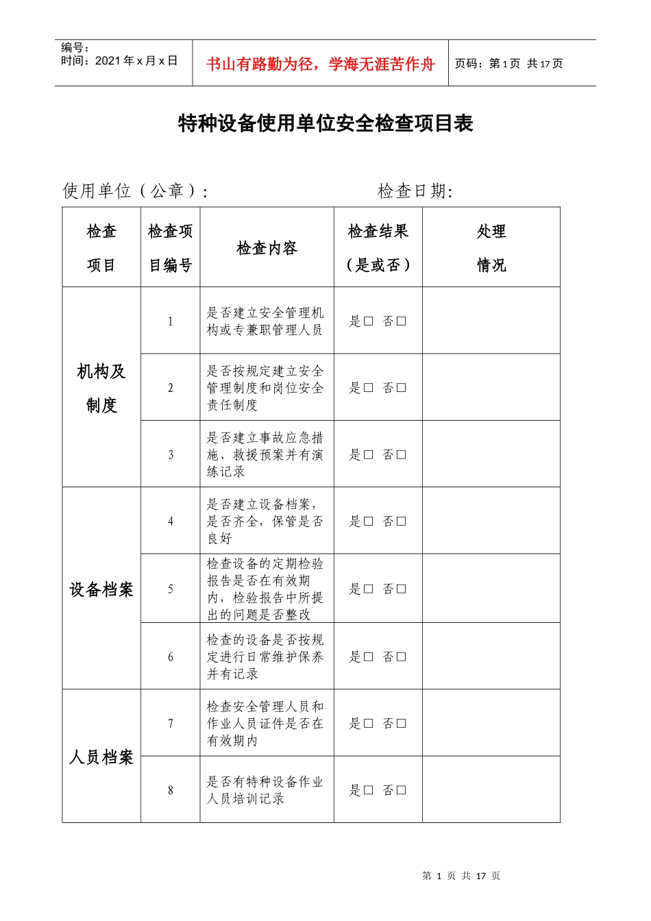 特种设备使用单位安全检查项目表_第1页