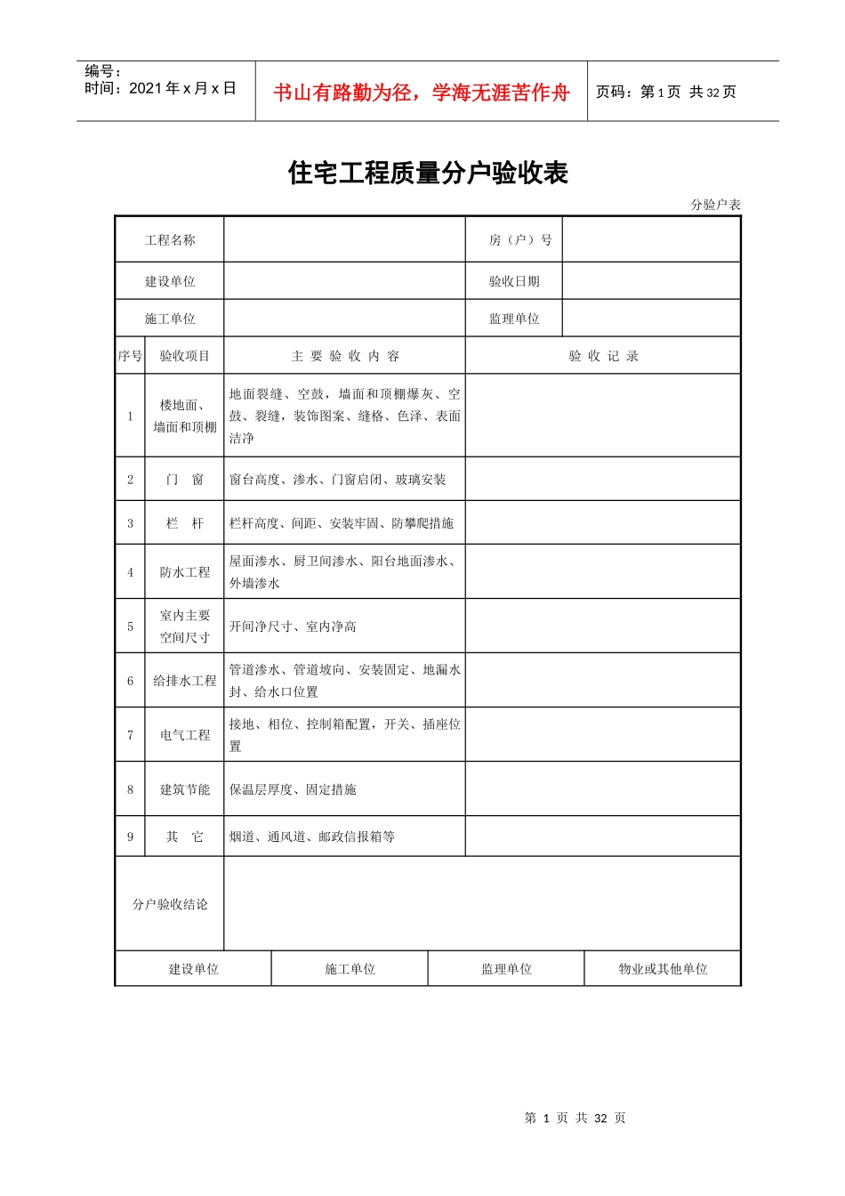 重庆市住宅工程分户验收表及记录表_第1页