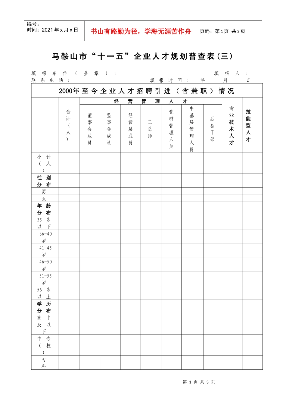 马鞍山市十一五企业人才规划普查表(三)_第1页
