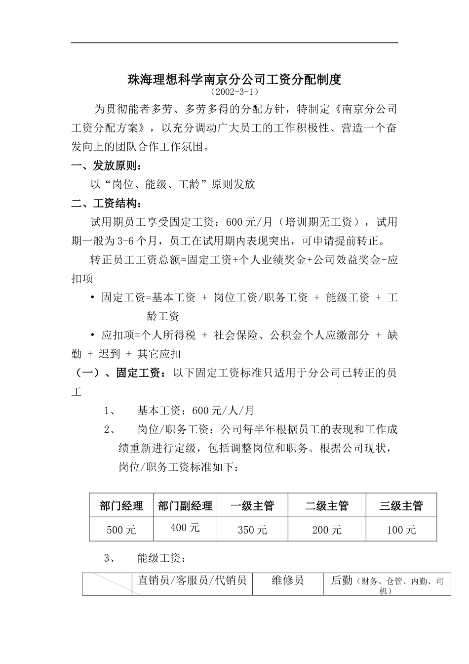 珠海理想科学南京分公司工资分配制度_第1页