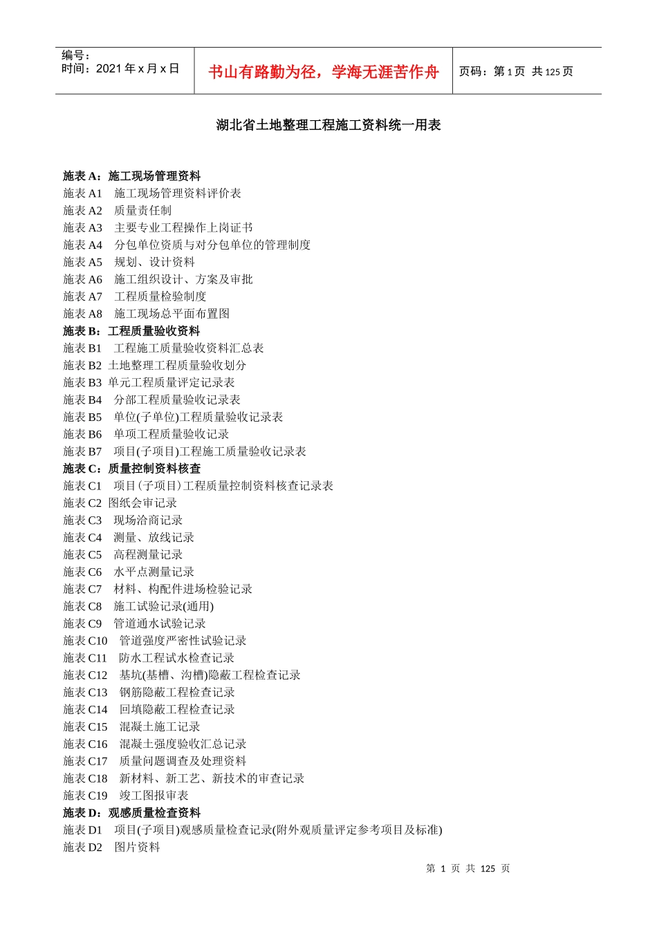 湖北省土地整治工程施工统_用表（DOC118页）_第1页