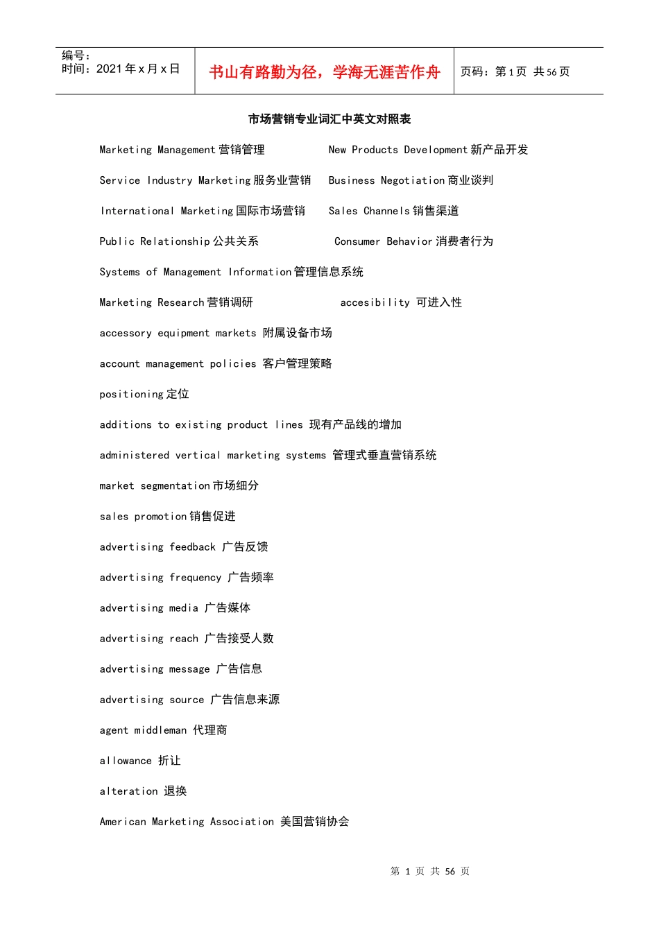 市场营销专业词汇中英文对照表_第1页