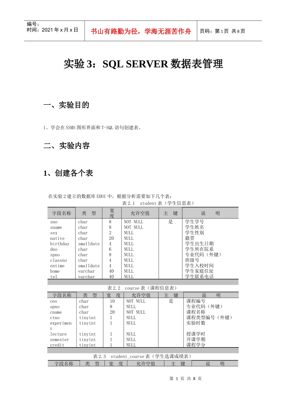 实验3：SQL SERVER数据表管理_第1页