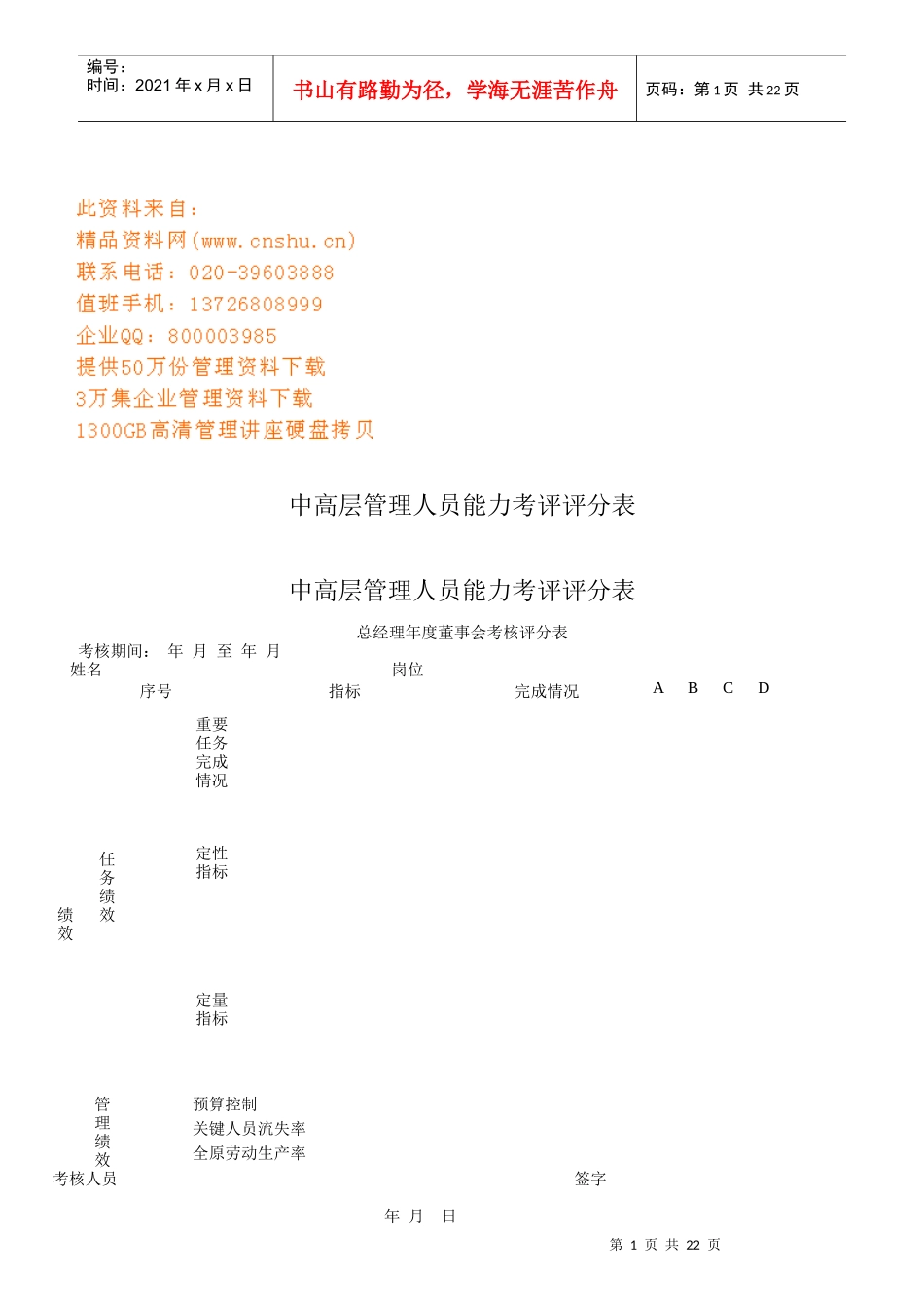 企业中高层管理人员能力考评评分表_第1页