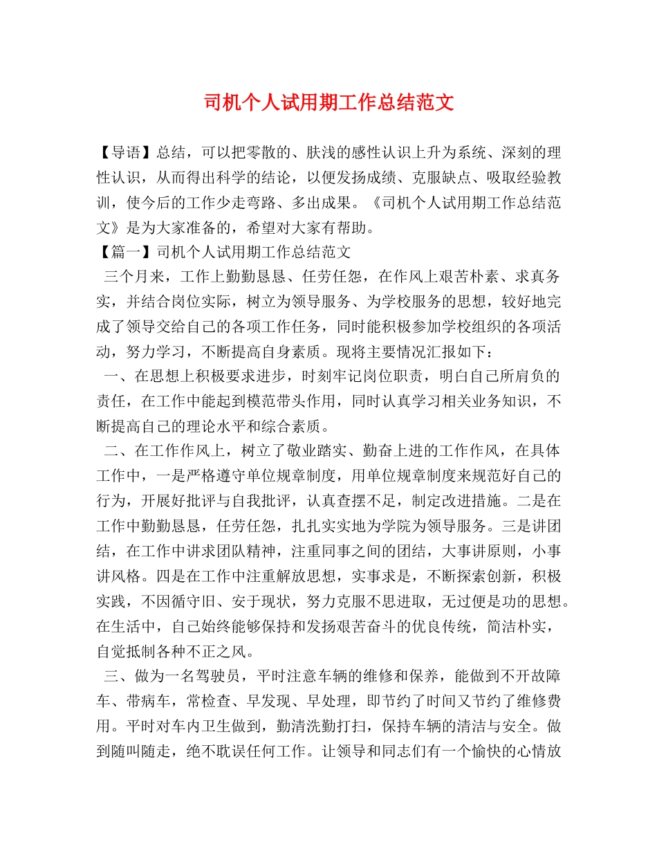 司机个人试用期工作总结范文 _第1页
