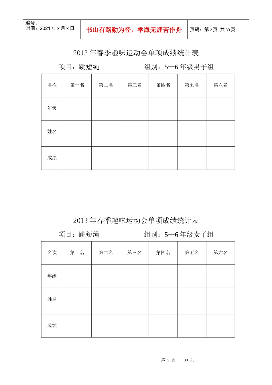 XXXX年春季趣味运动会单项成绩统计表_第2页