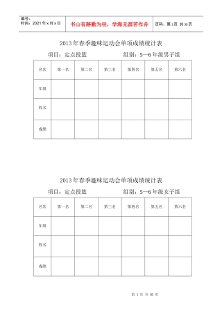 XXXX年春季趣味运动会单项成绩统计表