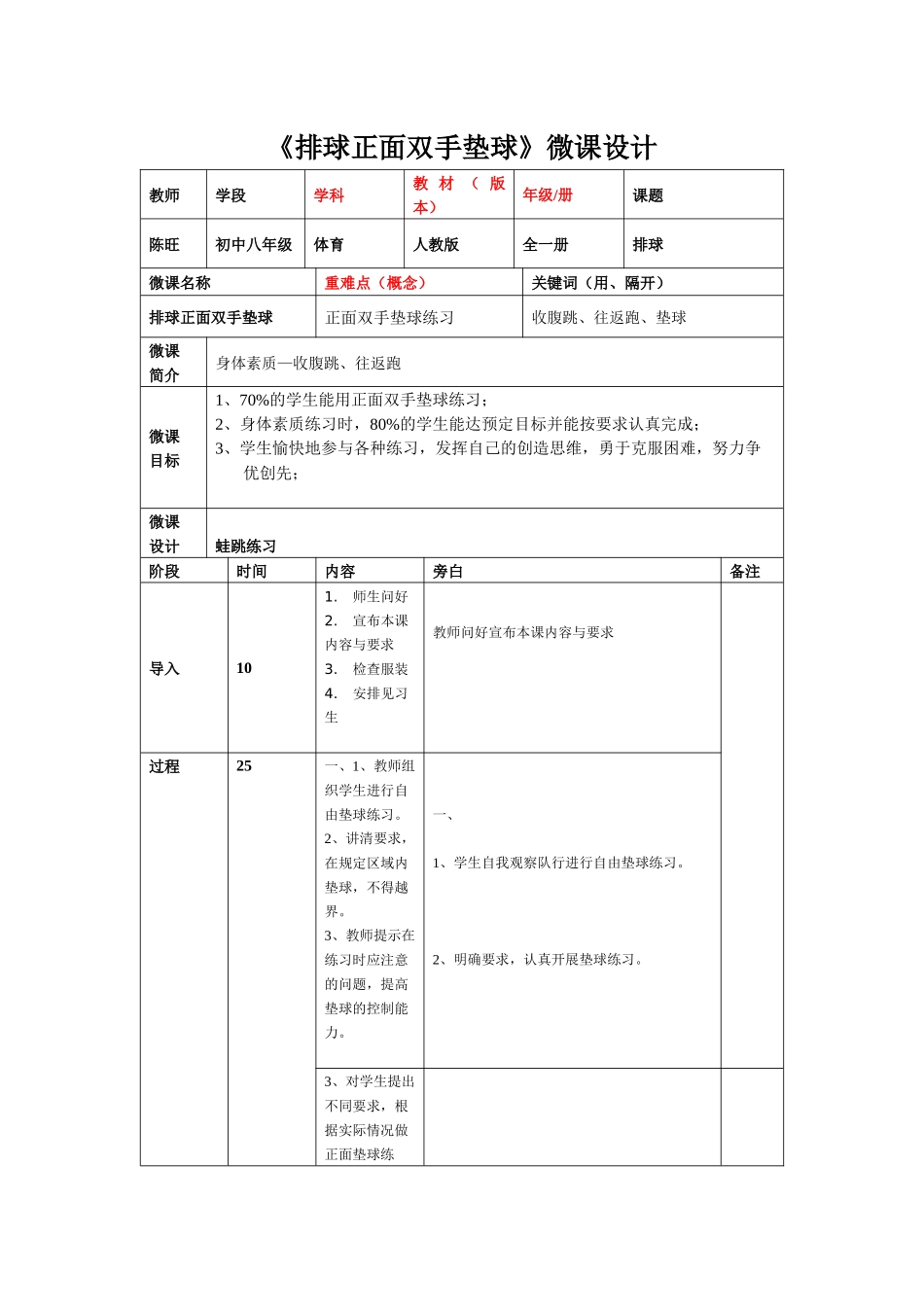 《排球正面双手垫球》微课设计_第1页
