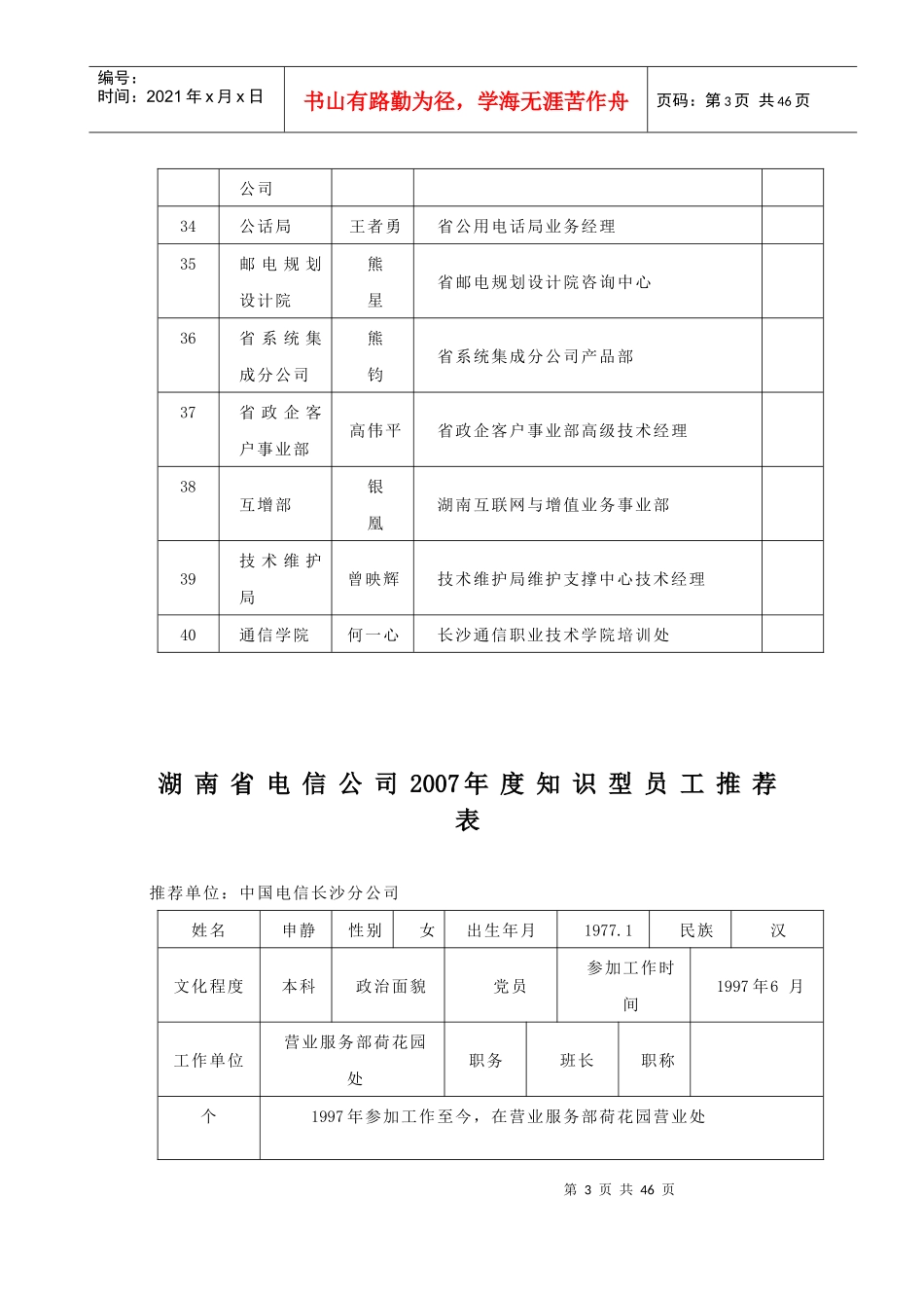 长沙电信宽带XXXX年度知识型员工推荐表_第3页