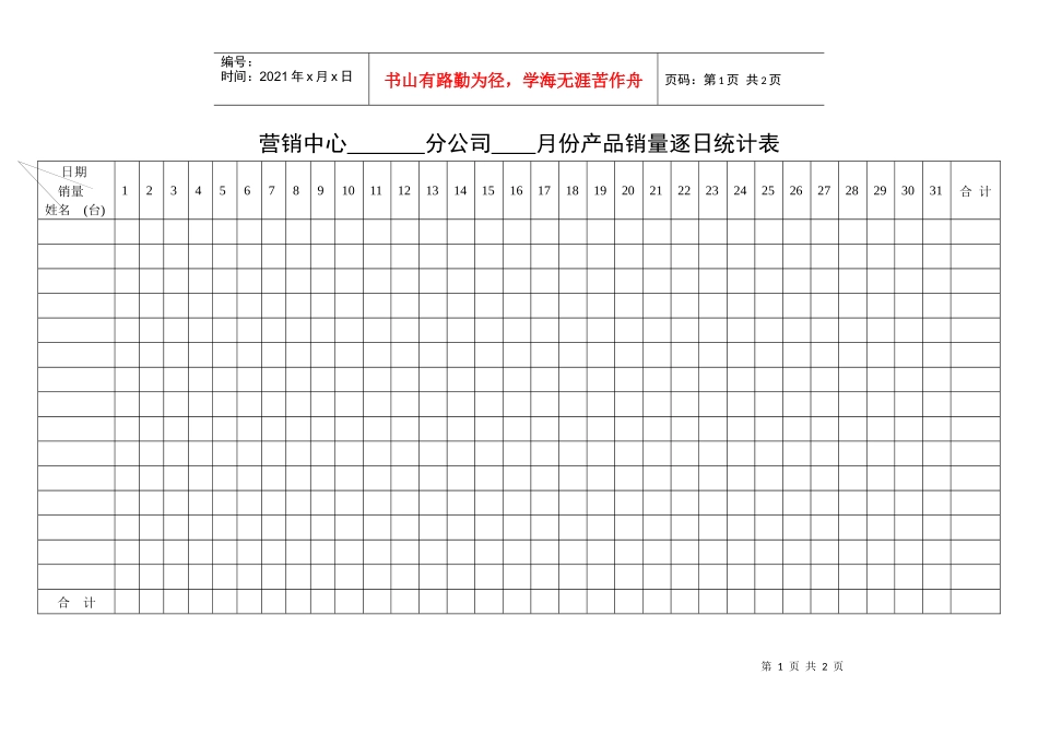 营销中心分公司月份产品销量逐日统计表_第1页