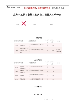 成都市建筑与装饰工程实物工程量人工单价表