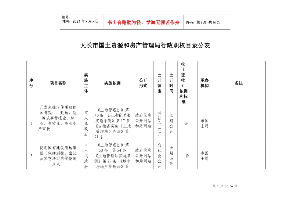 天长市国土资源和房产管理局行政职权目录分表_第1页