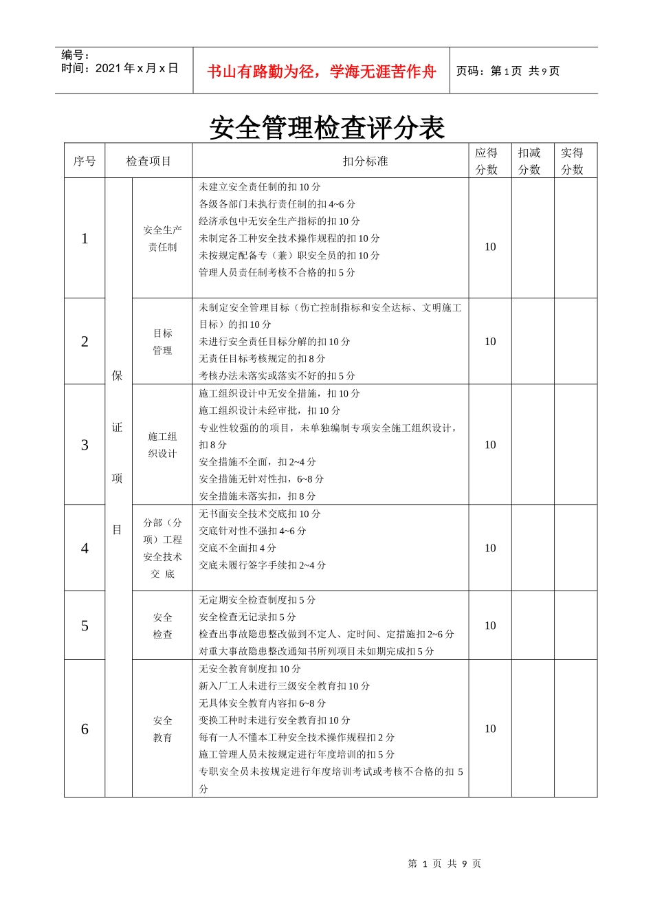 安全管理检查评分表 0615 表3_第1页