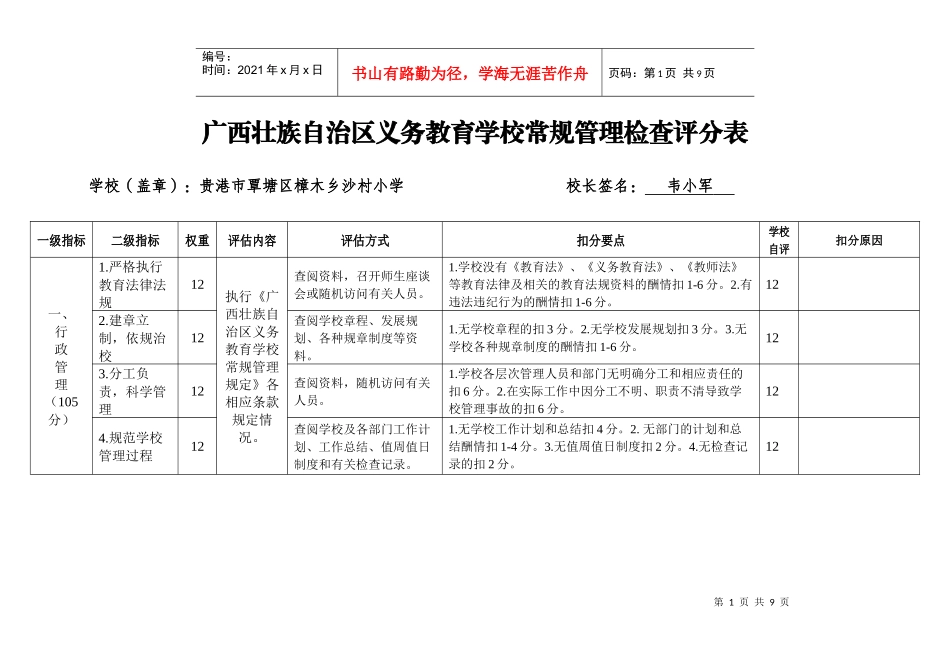 义务教育学校常规管理检查评分表(樟木沙村小学)_第1页