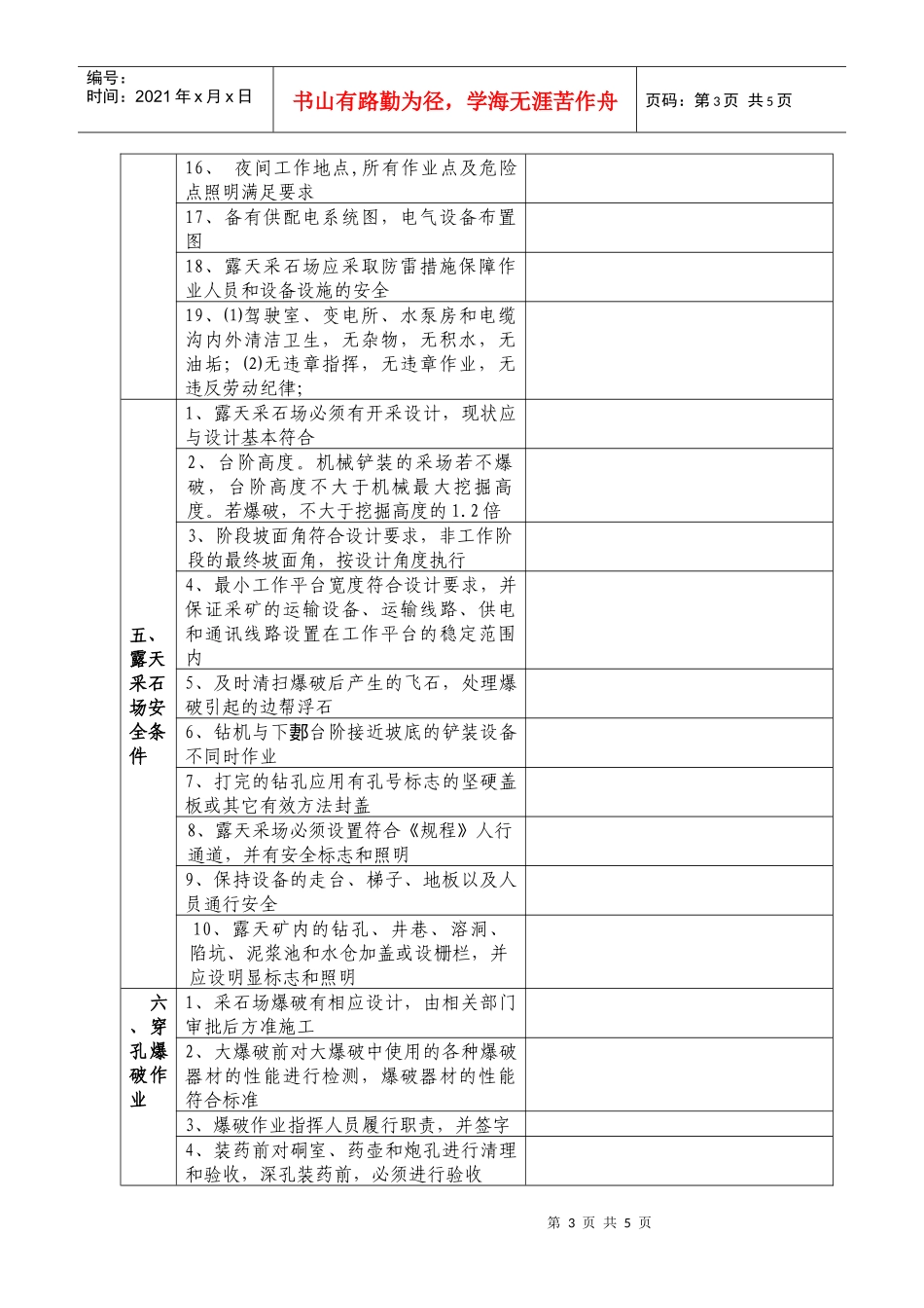 小型露天采石场现场安全检查表(下载版)_第3页