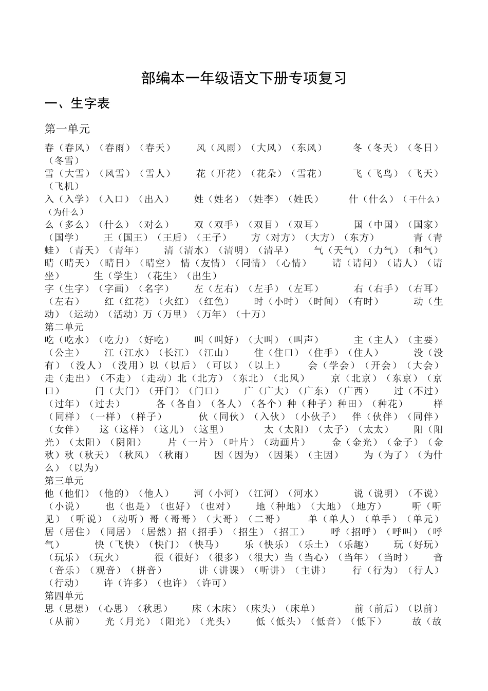 部编本一年级语文下册专项复习(最新整理)_第1页