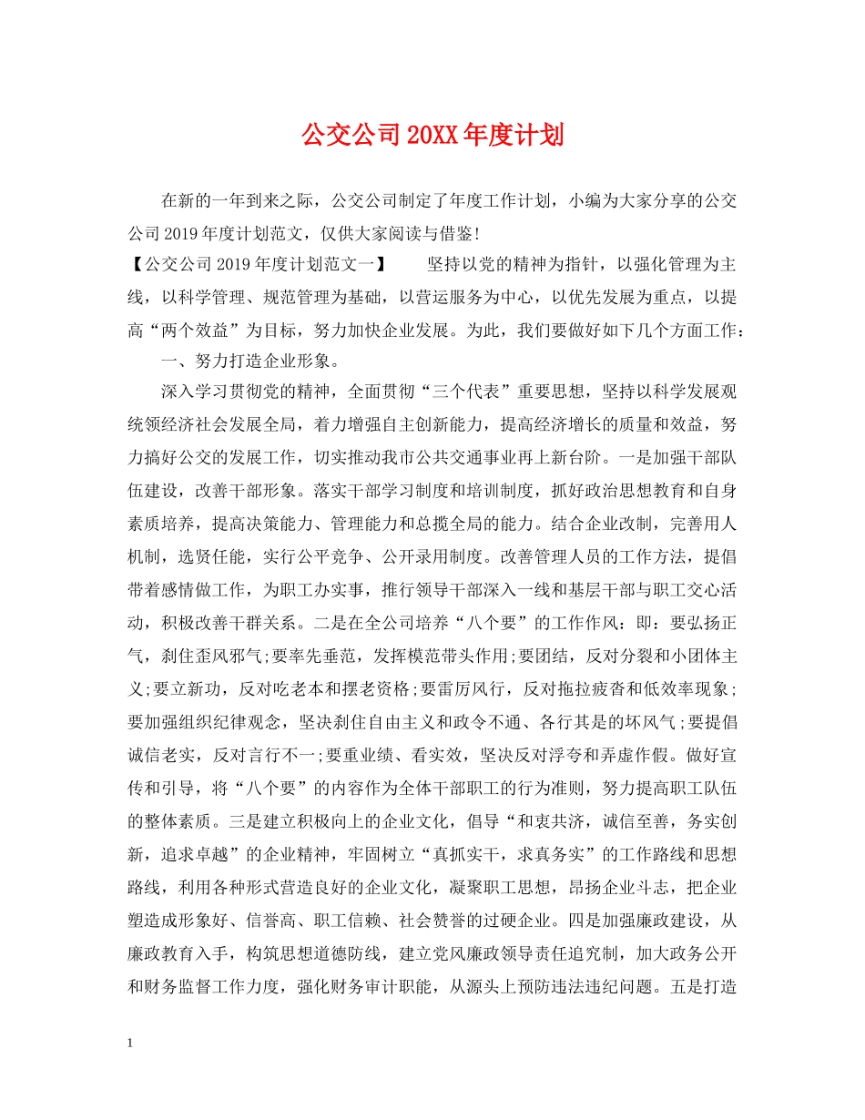 公交公司20XX年度计划 _第1页