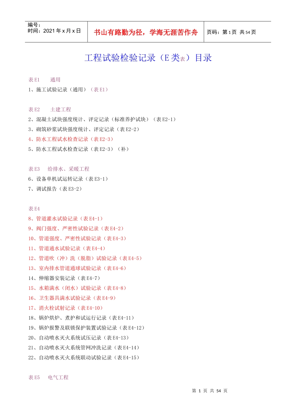 0-E类表-工程试验检验记录-目录_第1页