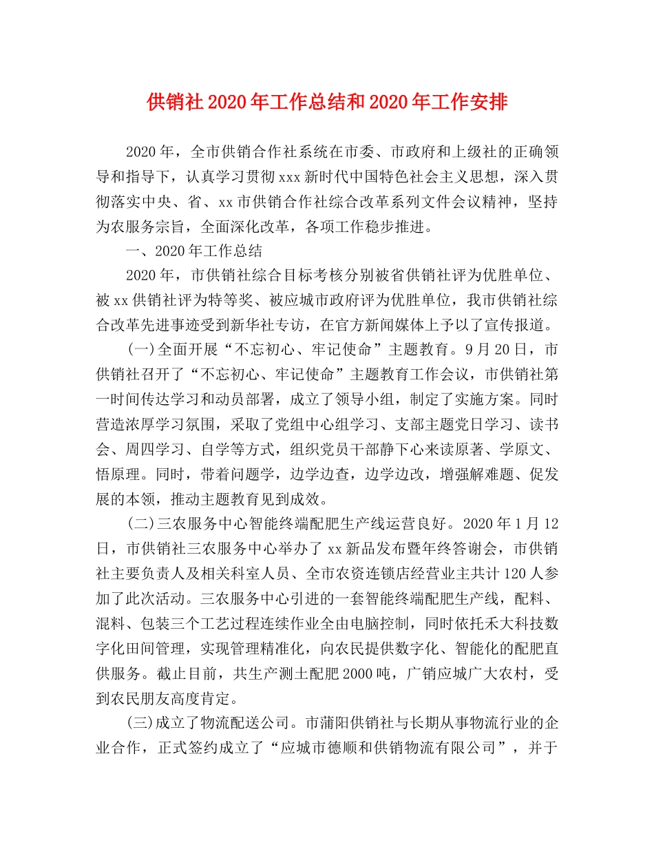 供销社2020年工作总结和2020年工作安排 _第1页