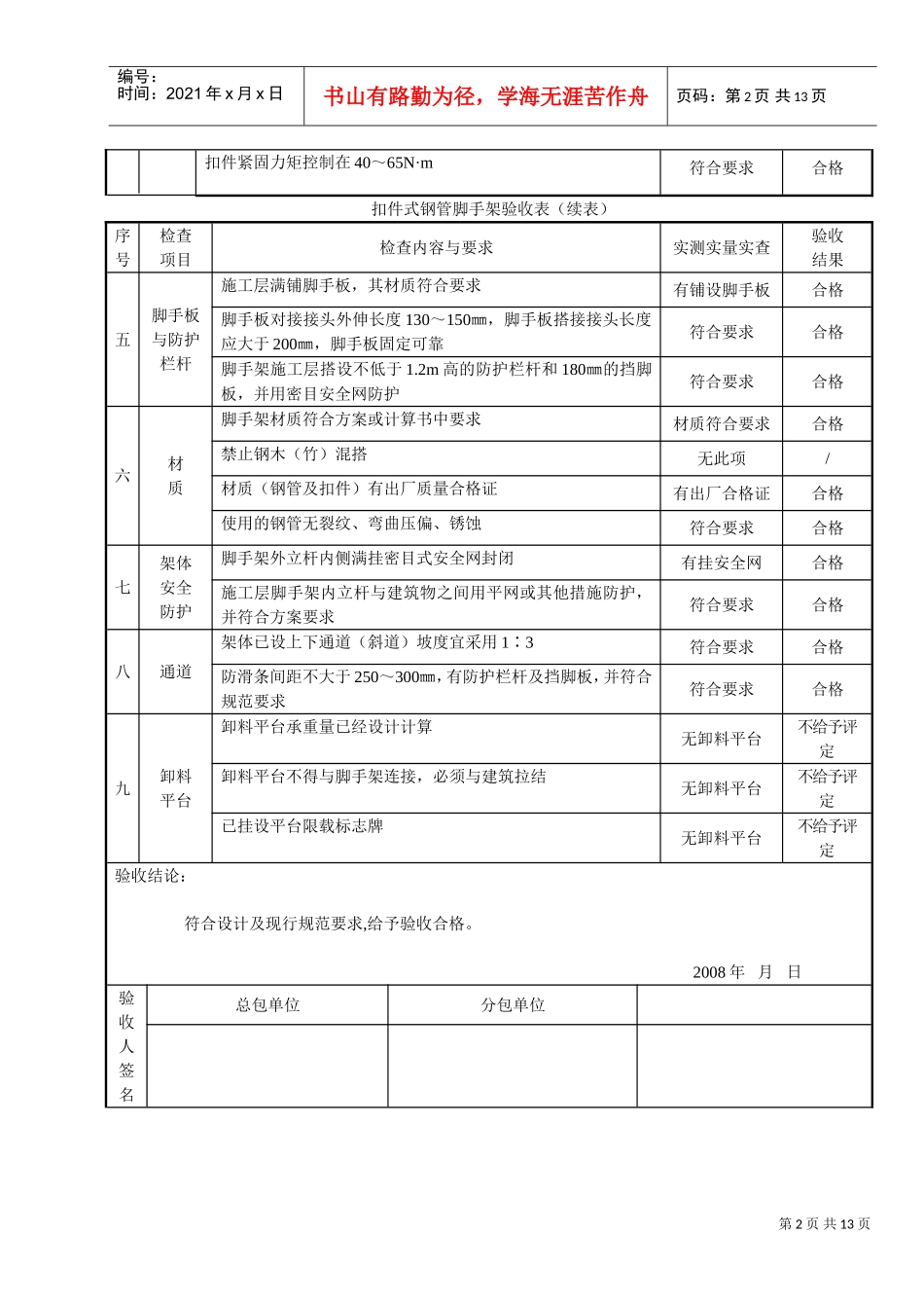 扣件式钢管手架验收表(DOC12页)_第2页