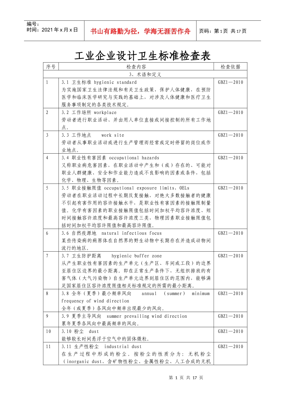 工业企业设计卫生标准XXXX检查表_第1页