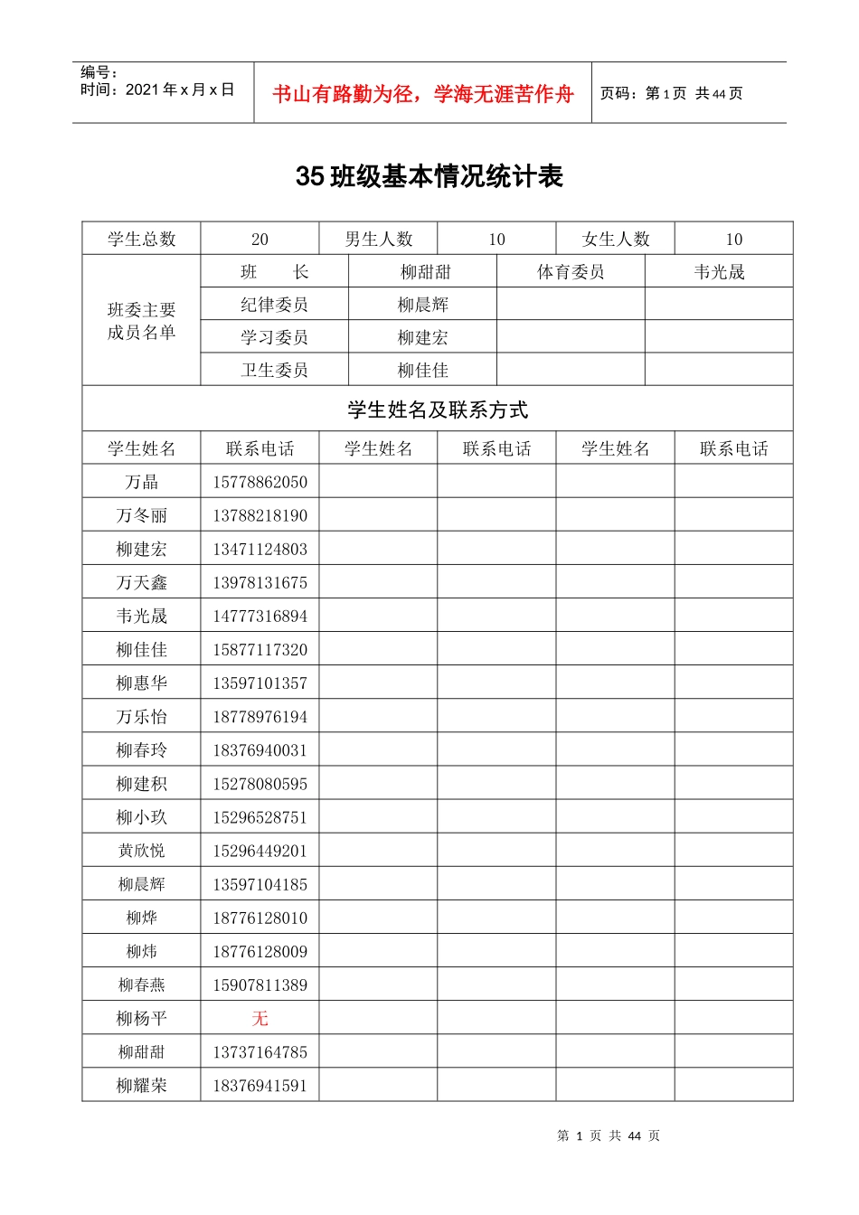 35班级基本情况统计表_第1页